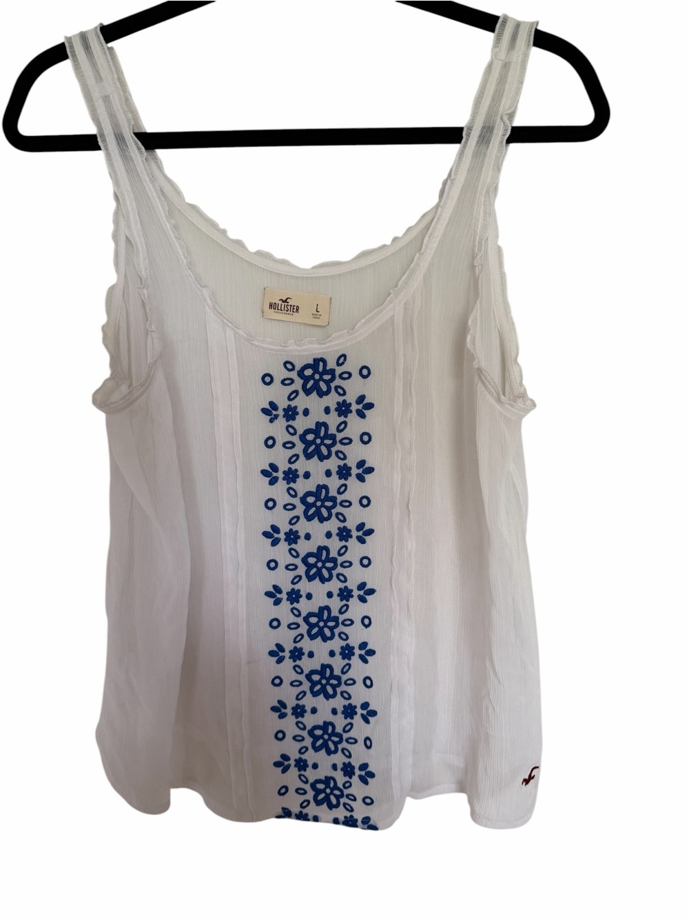 Hollister White Blue Embroidered Sleeveless Tank Top Size Large